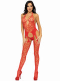 Seamless Heart Net Suspender Bodystocking - One Size - Red