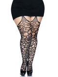 "Scroll Lace Stocking With Attached Garter Belt - 1x/2x - Black LA-1780XBLK1X2"