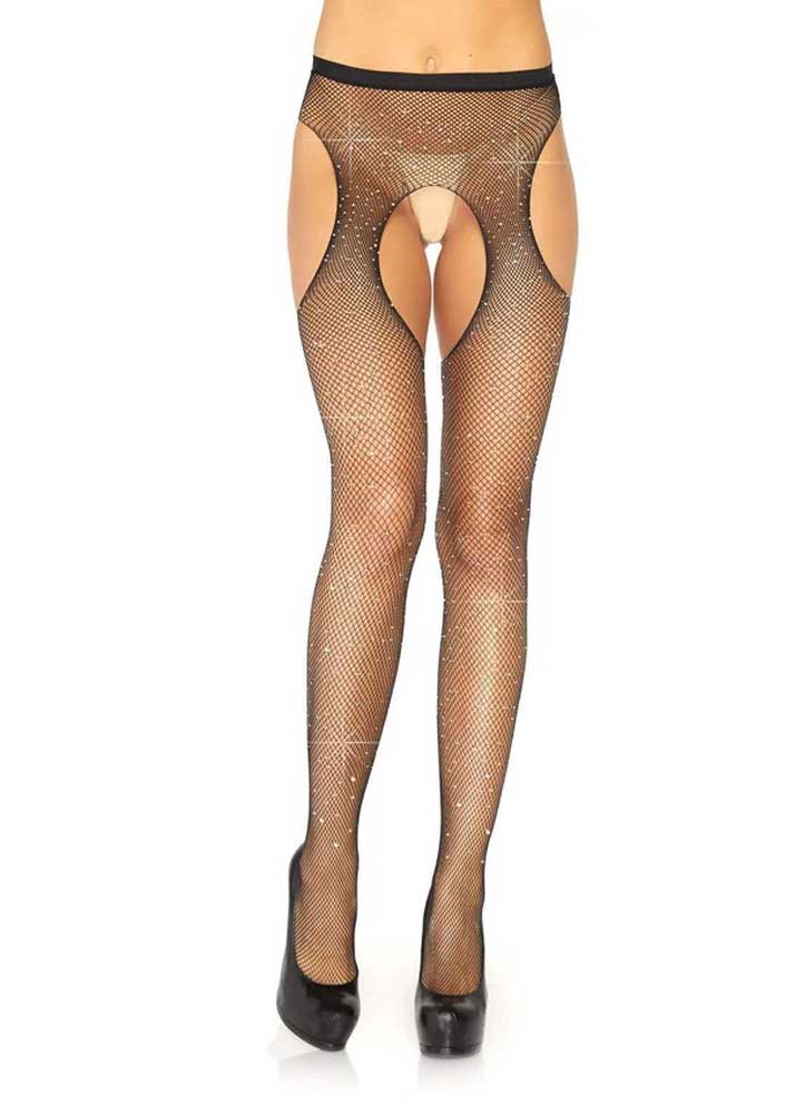 Casey Rhinestone Fishnet Suspender Pantyhose - One Size - Black