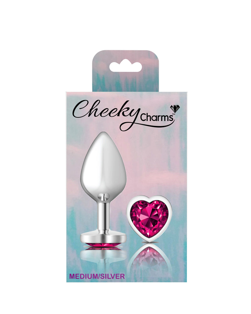 Cheeky Charms-Silver Metal Butt Plug- Heart-Bright Pink-Medium