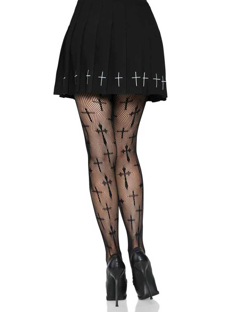 "Worship Me Cross Net Tights - 1x/2x - Black LA-9753XBLK1X2"