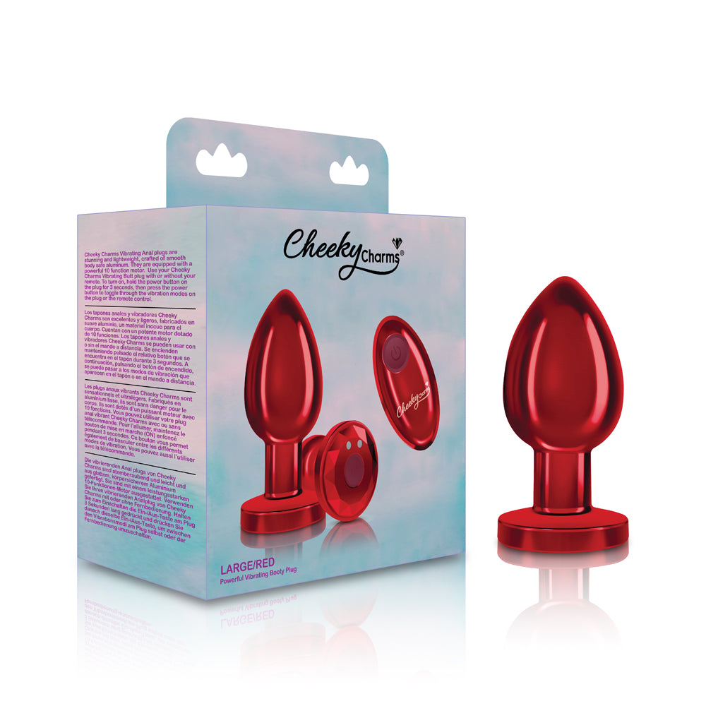 Cheeky Charms - Rechargeable Vibrating Metal Butt Plug With Remote Control - Red - Large