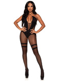 Opaque and Sheer Twist Halter Bodystocking - One Size - Black