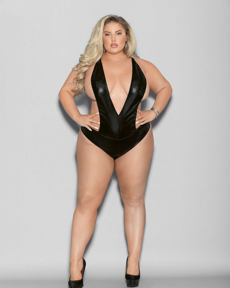 Liquid Look Chain Back Open Crotch Teddy - Queen Size - Black