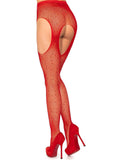 Casey Rhinestone Fishnet Suspender Pantyhose - One Size - Red