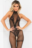 Lace & Net Choker Crotchless Bodystocking - One Size - Black