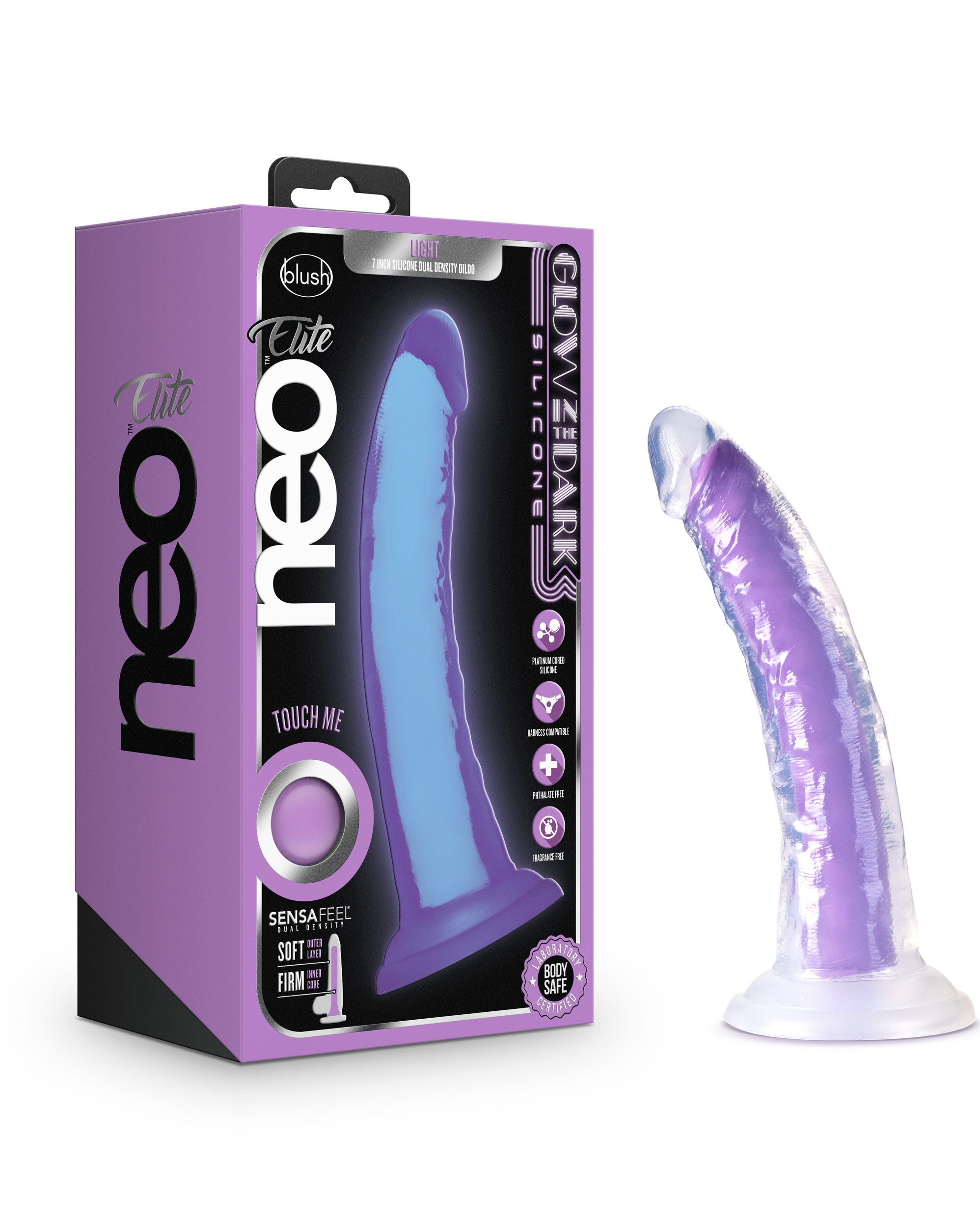 Neo Elite Glow in the Dark - Light - 7 Inch Silicone Dual Density Dildo - Neon Purple