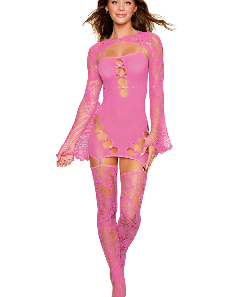 Garter Dress With Thigh High and Shrug - One Size - Milkshake Pink