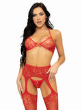 3 Pc Rhinestone Bra Top, G-String, and Garter Belt Stockings - One Size - Red