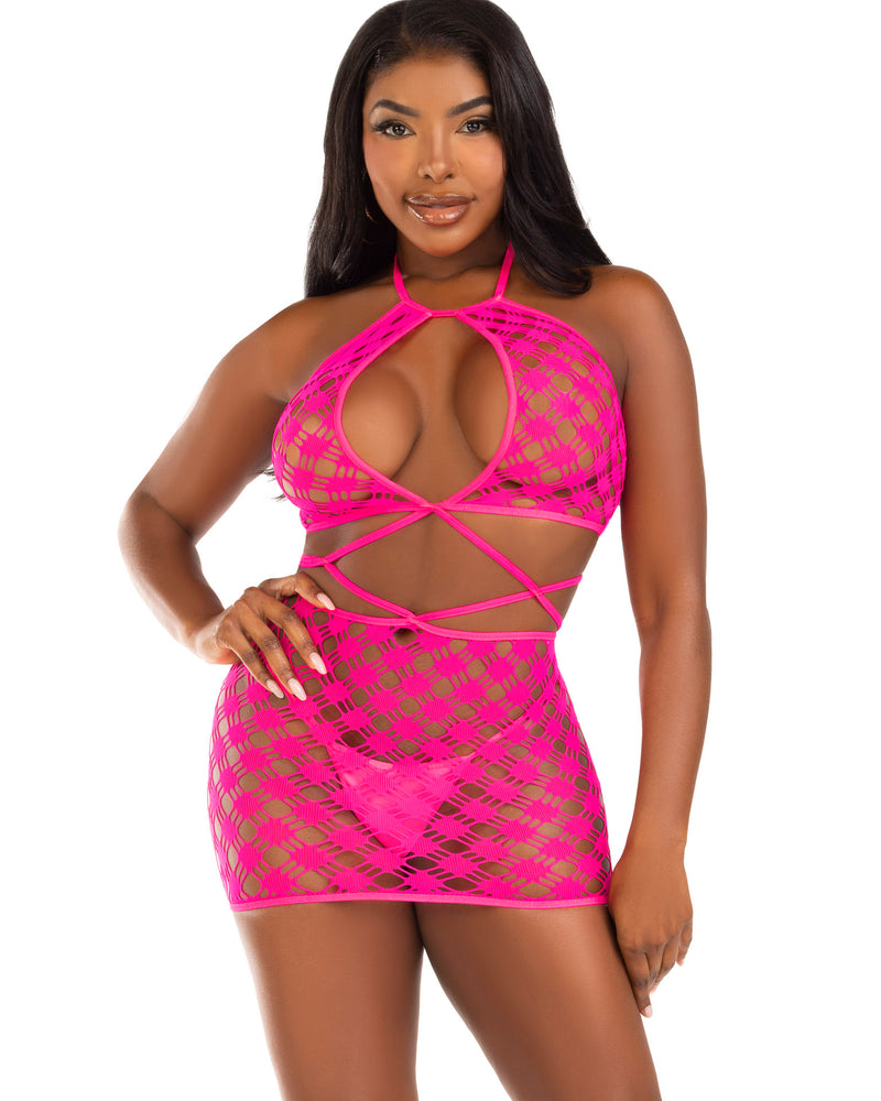 "Keyhole Halter Hardcore Net Mini Dress - One Size - Neon Pink LA-87209NPNKOS"