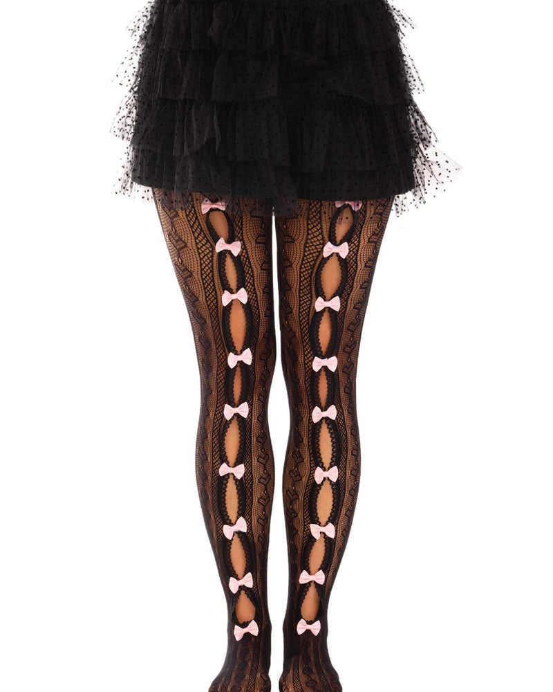 Sweetheart Striped Net Tights With Keyhole and Mini Bow Detail - One Size - Black