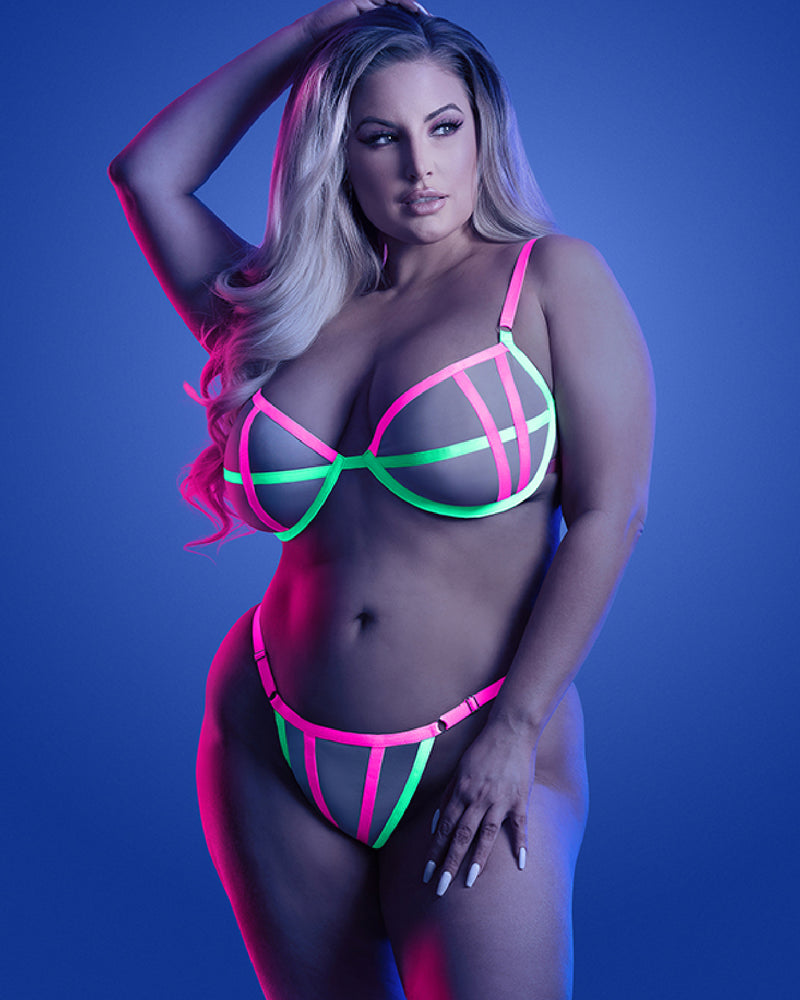 Head Rush Contrast Bra and Panty - Queen - Neon Pink