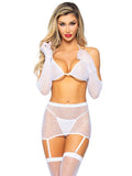 5 Pc Rhinestone Bikini Top G-String Garter Skirt, Gloves and Stockings - One Size - White