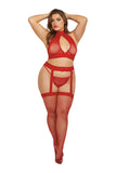 Bralette, Garterhose, and G-String - Queen Size - Rouge