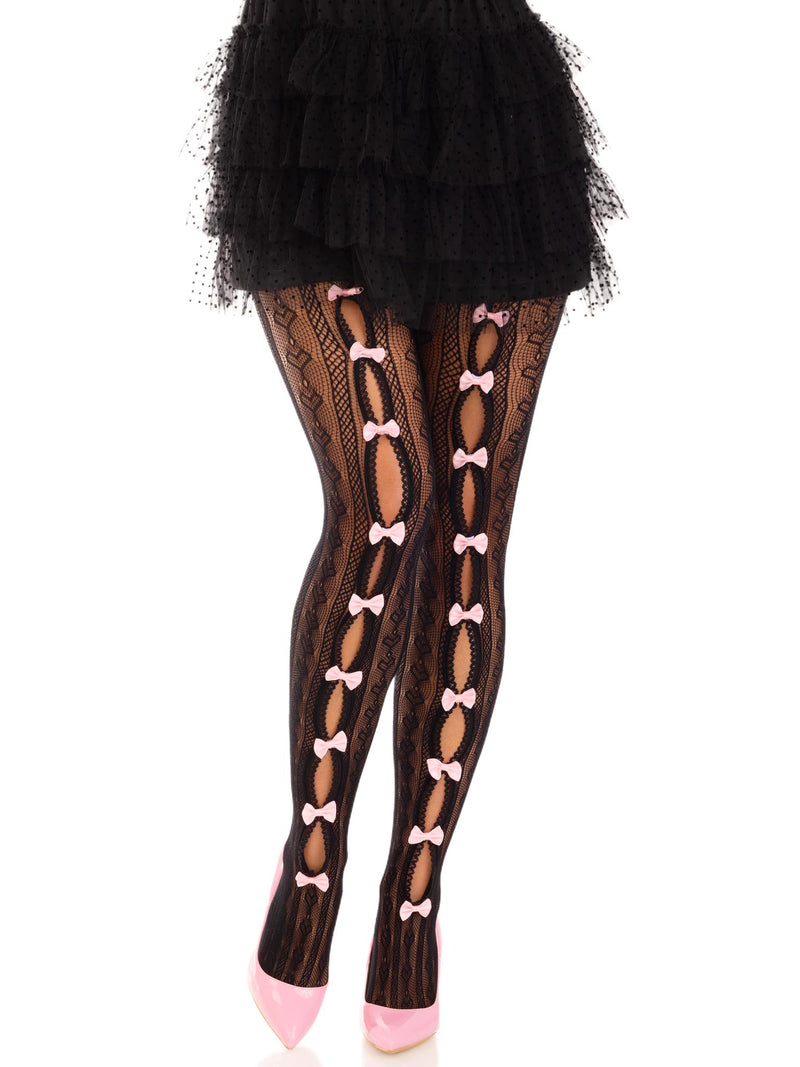 "Sweetheart Striped Net Tights With Keyhole and Mini Bow Detail - One Size - Black LA-9733BLKOS"