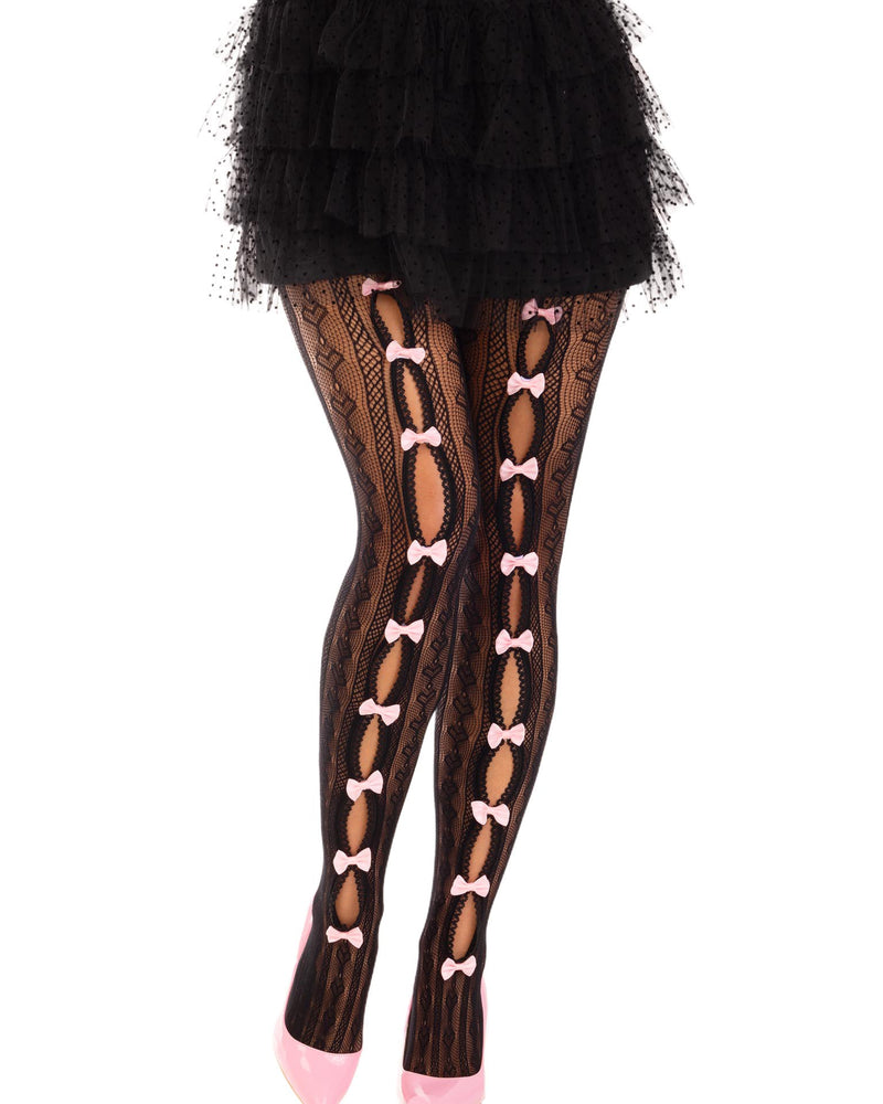 "Sweetheart Striped Net Tights With Keyhole and Mini Bow Detail - One Size - Black LA-9733BLKOS"
