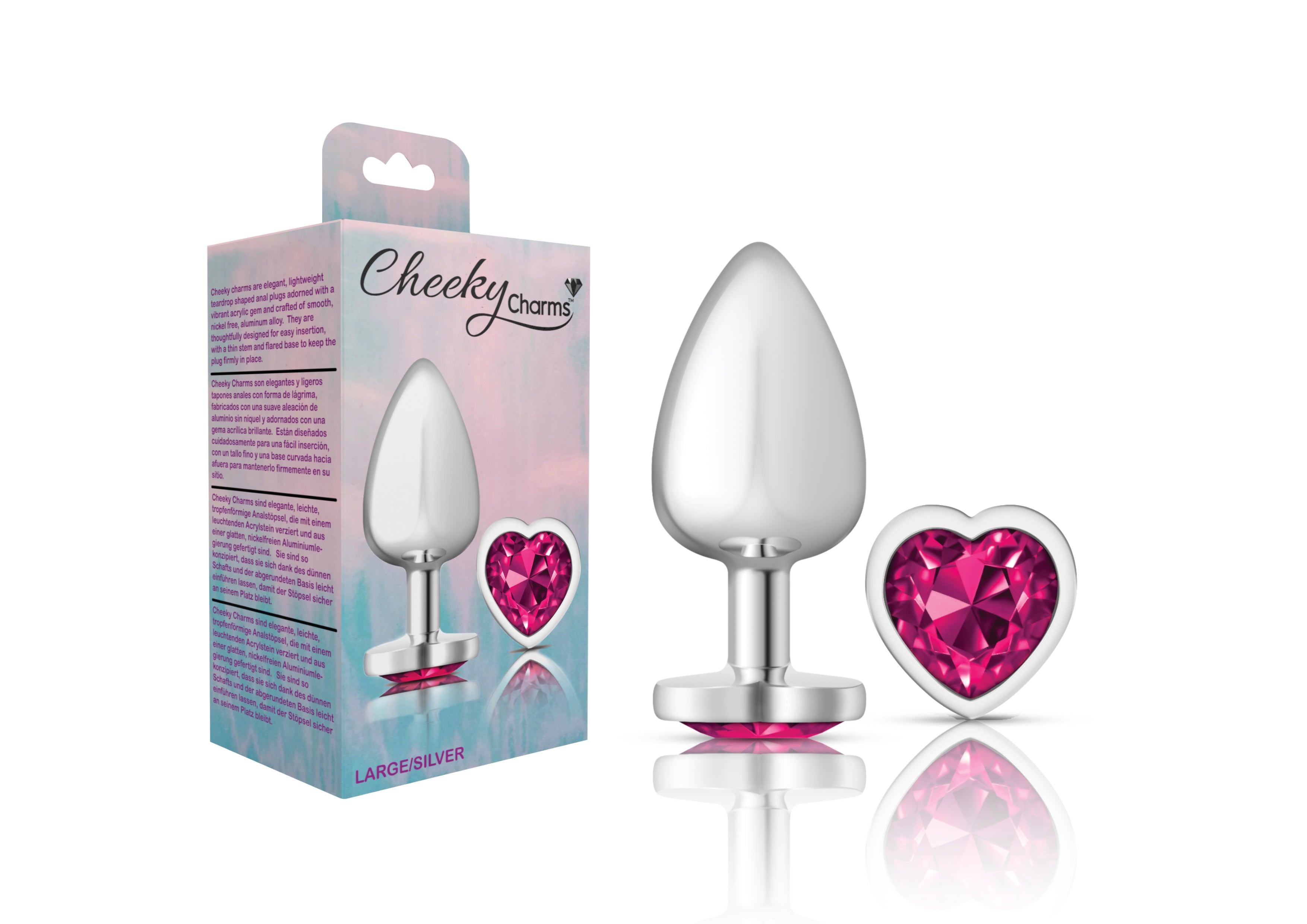 "Cheeky Charms-Silver Metal Butt Plug- Heart-Bright Pink-Large VB-CC9131"