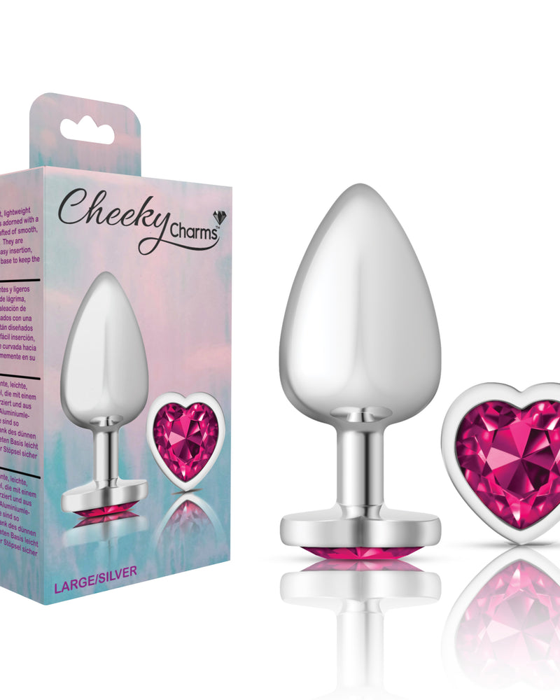 "Cheeky Charms-Silver Metal Butt Plug- Heart-Bright Pink-Large VB-CC9131"