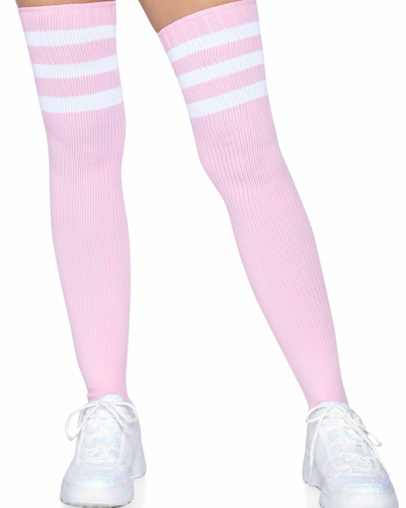 "3 Stripes Athletic Ribbed Thigh Highs - One Size - Light Pink LA-6605LTPNK"