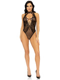 Net and Lace Keyhole Halter Bodysuit - One Size - Black