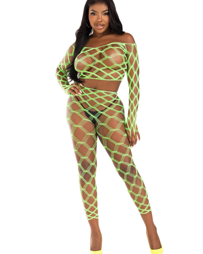 2 Pc Net Crop Top and Footless Tights - One Size - Neon Green