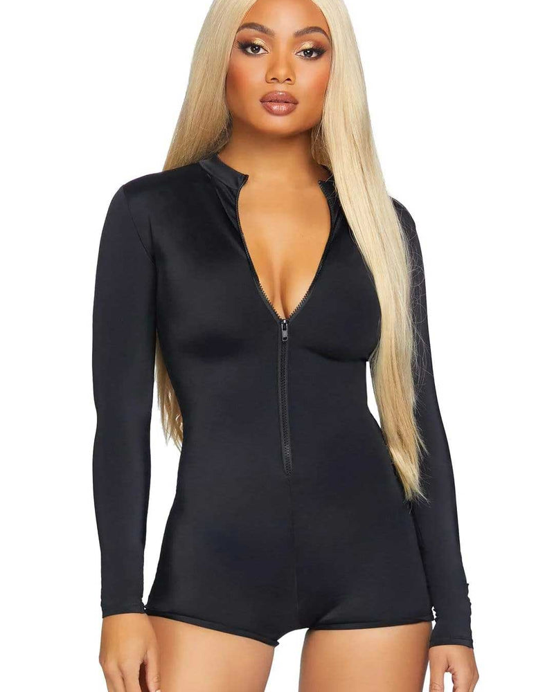 Zipper Front Long Sleeved Matte Romper - Medium - Black