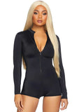 Zipper Front Long Sleeved Matte Romper - Medium - Black