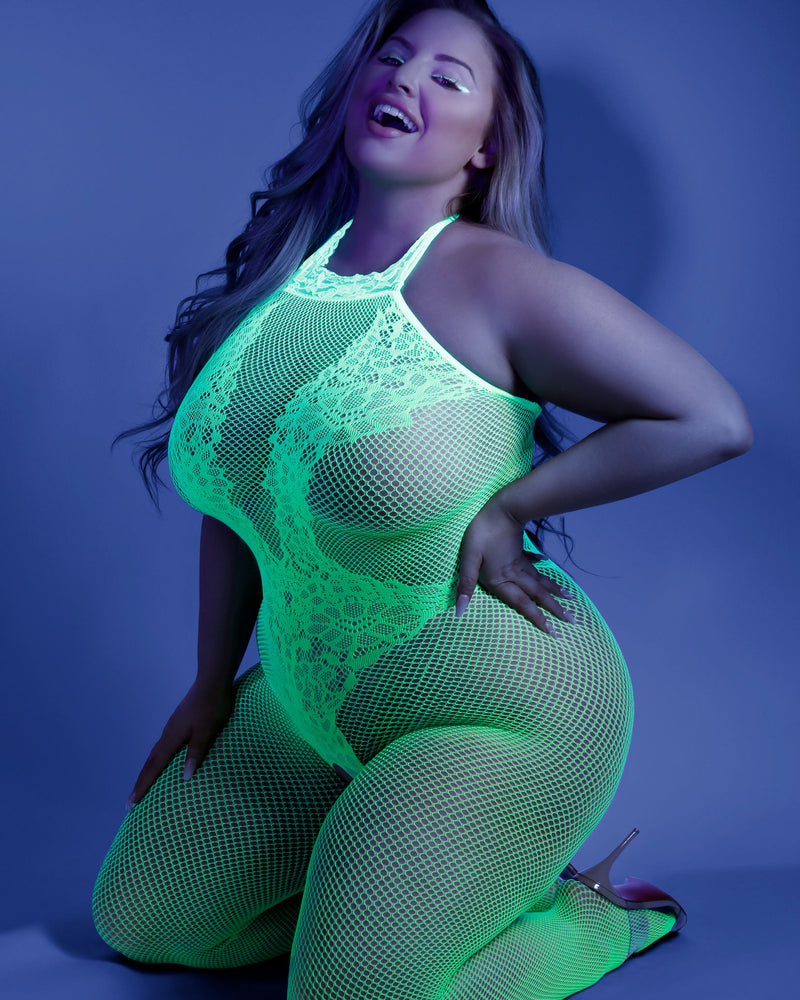 Moonbeam Crotchless Bodystocking - Queen - Neon Green