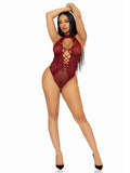 Net and Lace Keyhole Halter Bodysuit - One Size - Burgundy