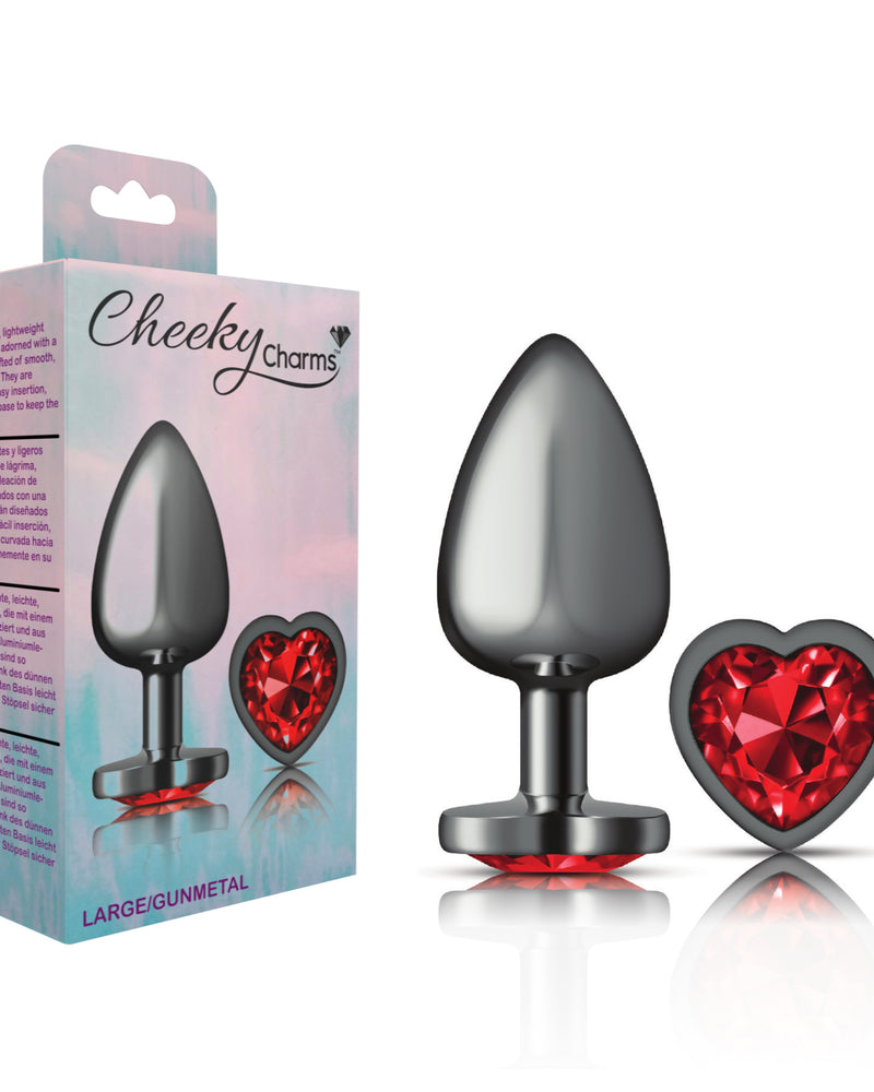 "Cheeky Charms-Gunmetal Metal Butt Plug- Heart-Dark Red-Large VB-CC9137"