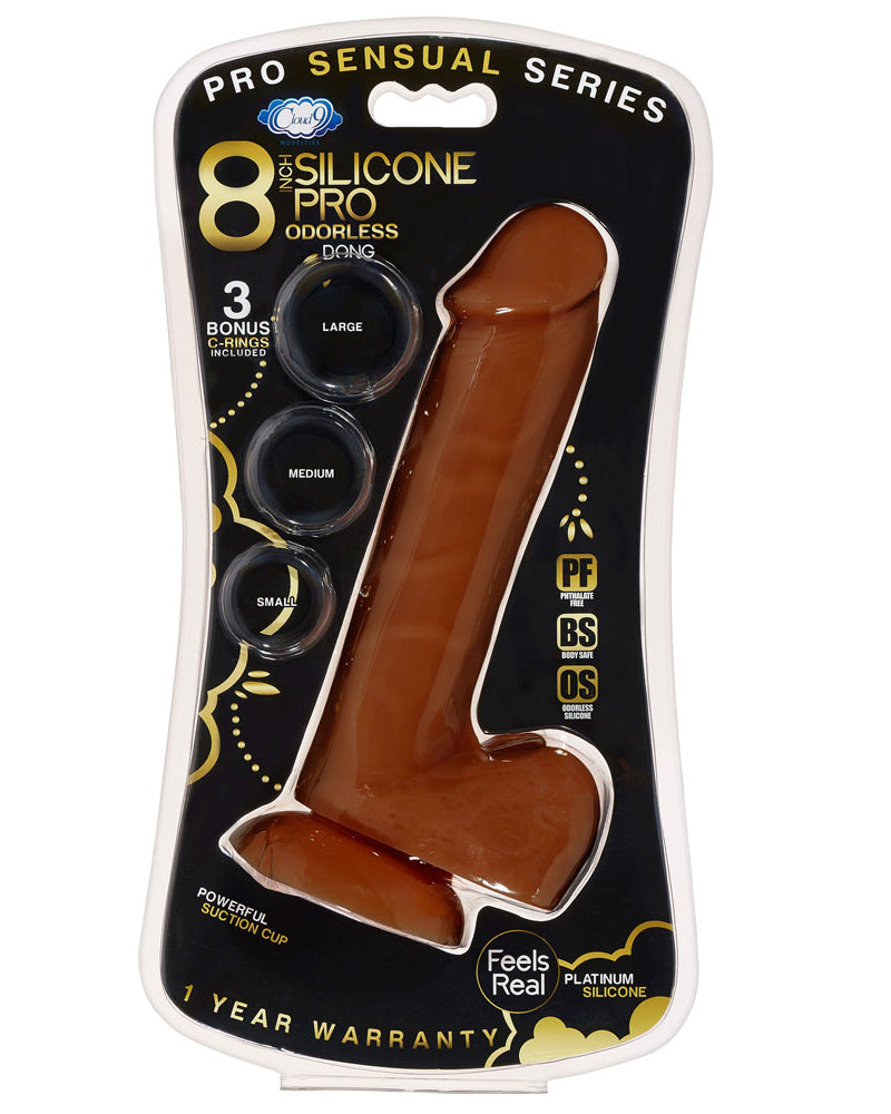 Pro Sensual Premium Silicone 8 Inch Dong With 3 Cockrings - Brown