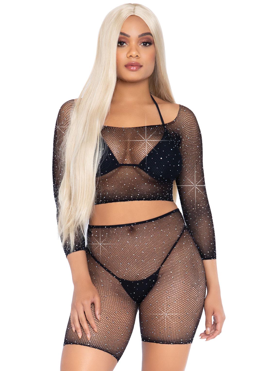 2 Pc Rhinestone Fishnet Crop Top and Biker Shorts - Black - One Size