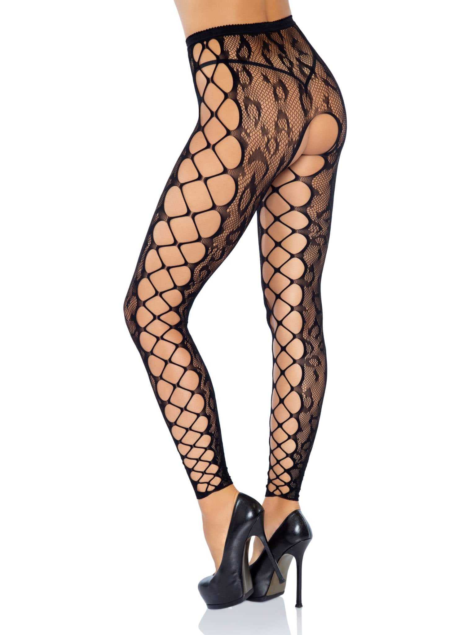 "Footless Leopard Lace Crotchless Tights - Black LA-7812BLK"