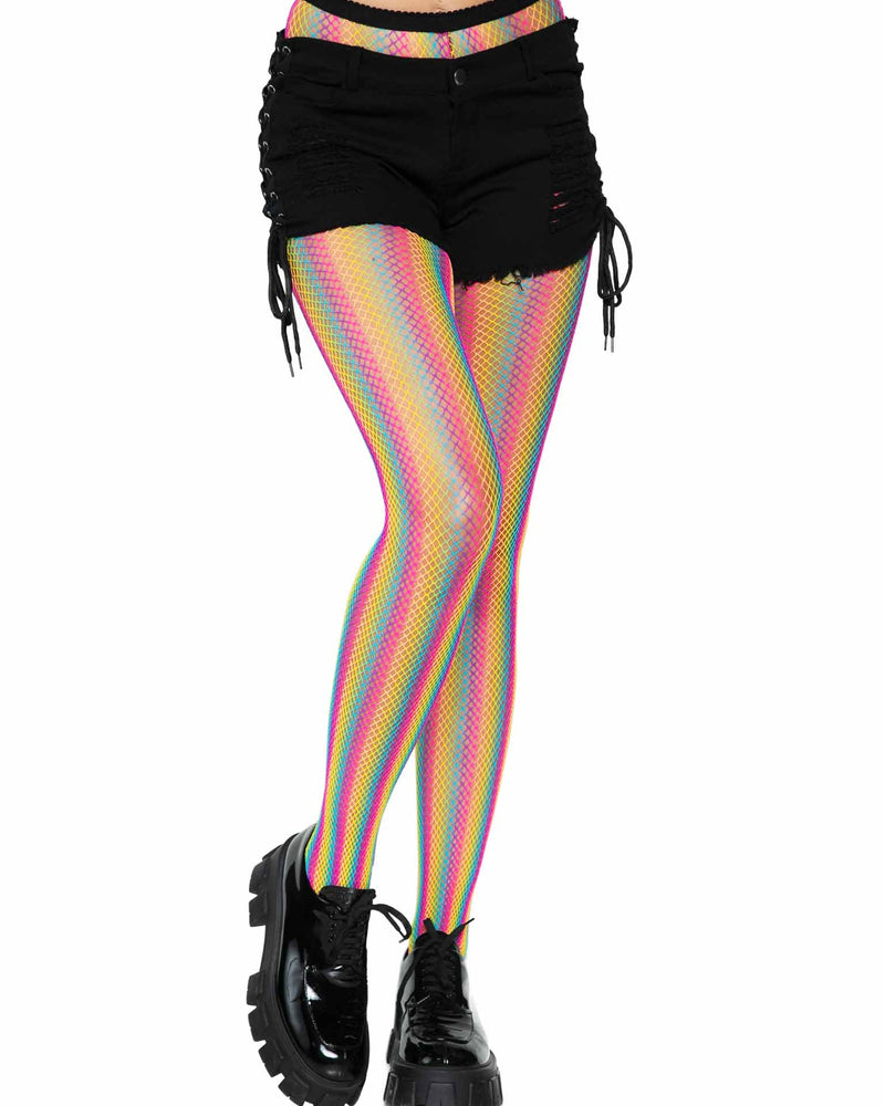 Neon Rainbow Striped Fishnet Tights - One Size - Multicolor