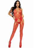 Seamless Heart Net Suspender Bodystocking - One Size - Red