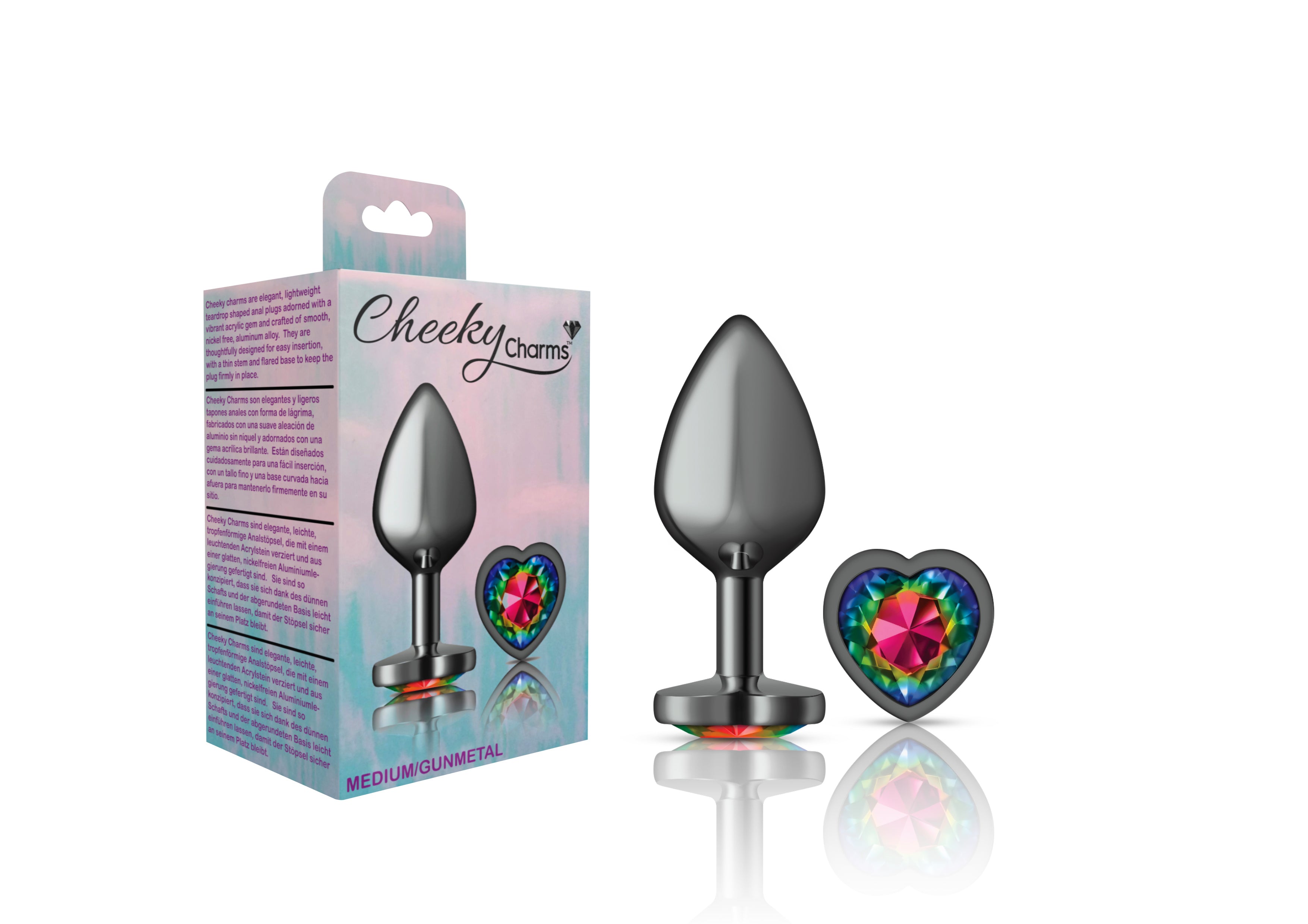 "Cheeky Charms-Gunmetal Metal Buttplug- Heart-Rainbow-Medium VB-CC9133"