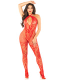 "Red Seamless Net and Lace Lingerie Jumpsuit - With Keyhole Crossover Halter - Os LA-89335REDOS"