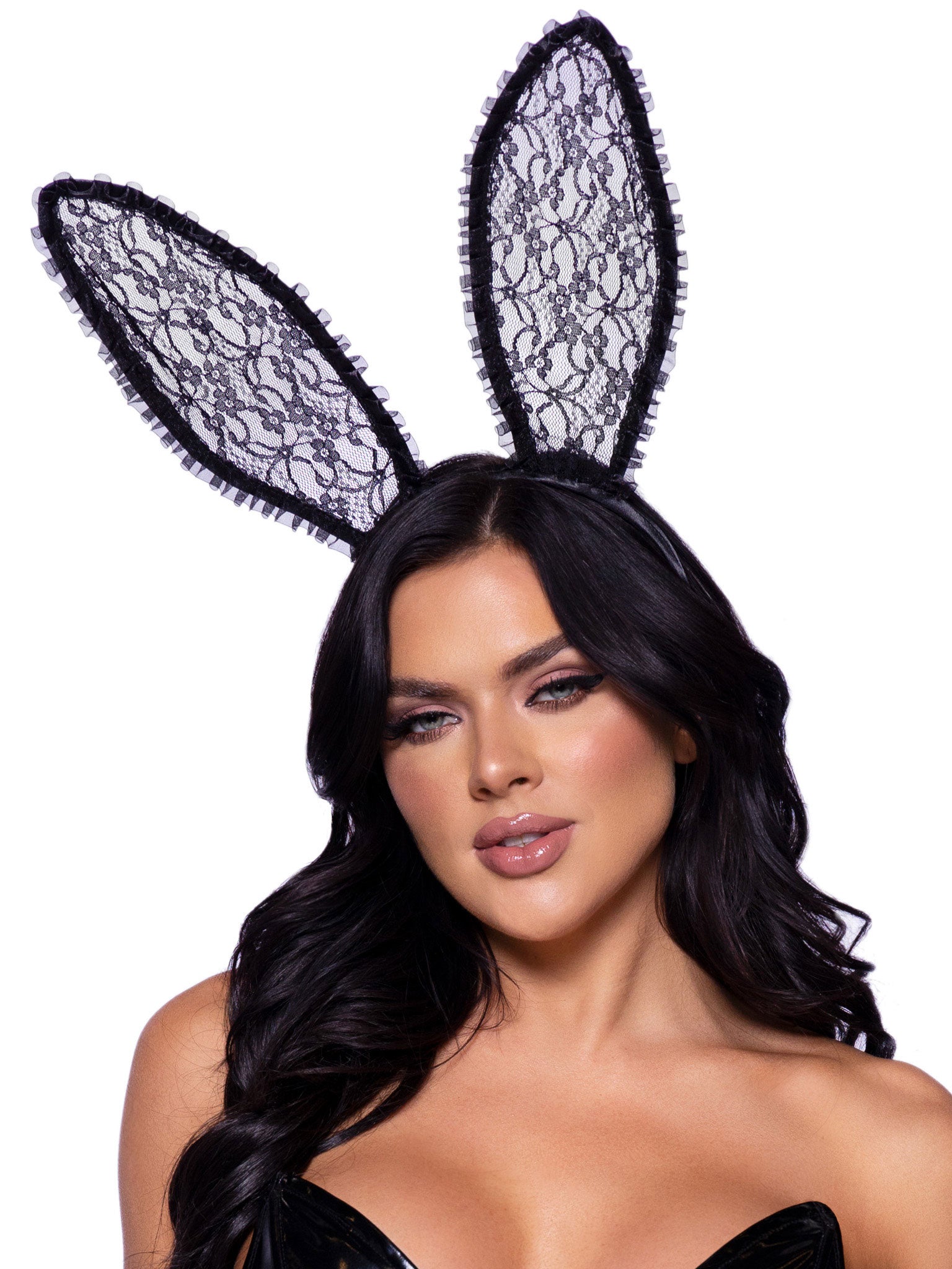 "Ruffle Trimmed Bendable Lace Bunny Ears - Black LA-A2912"