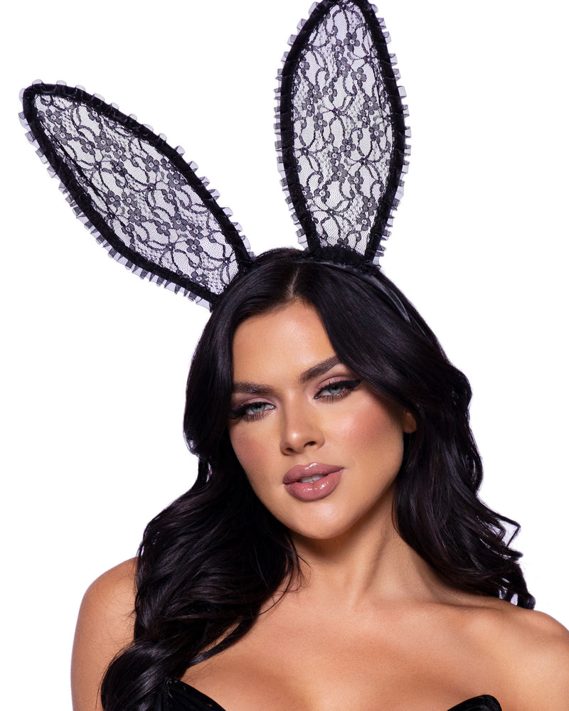 "Ruffle Trimmed Bendable Lace Bunny Ears - Black LA-A2912"