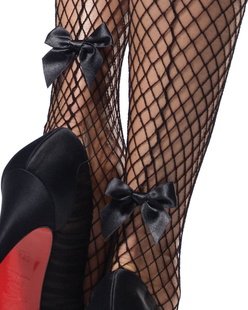 "Stay Up Industrial Net Backseam Thigh Highs With Lace Top and Satin Bow Accent - One Size - Black LA-9315"