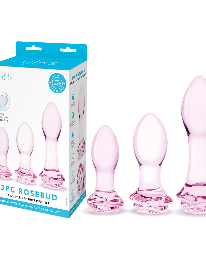 "3 Pc Rosebud Butt Plug Set - Pink GLAS-SET-07"