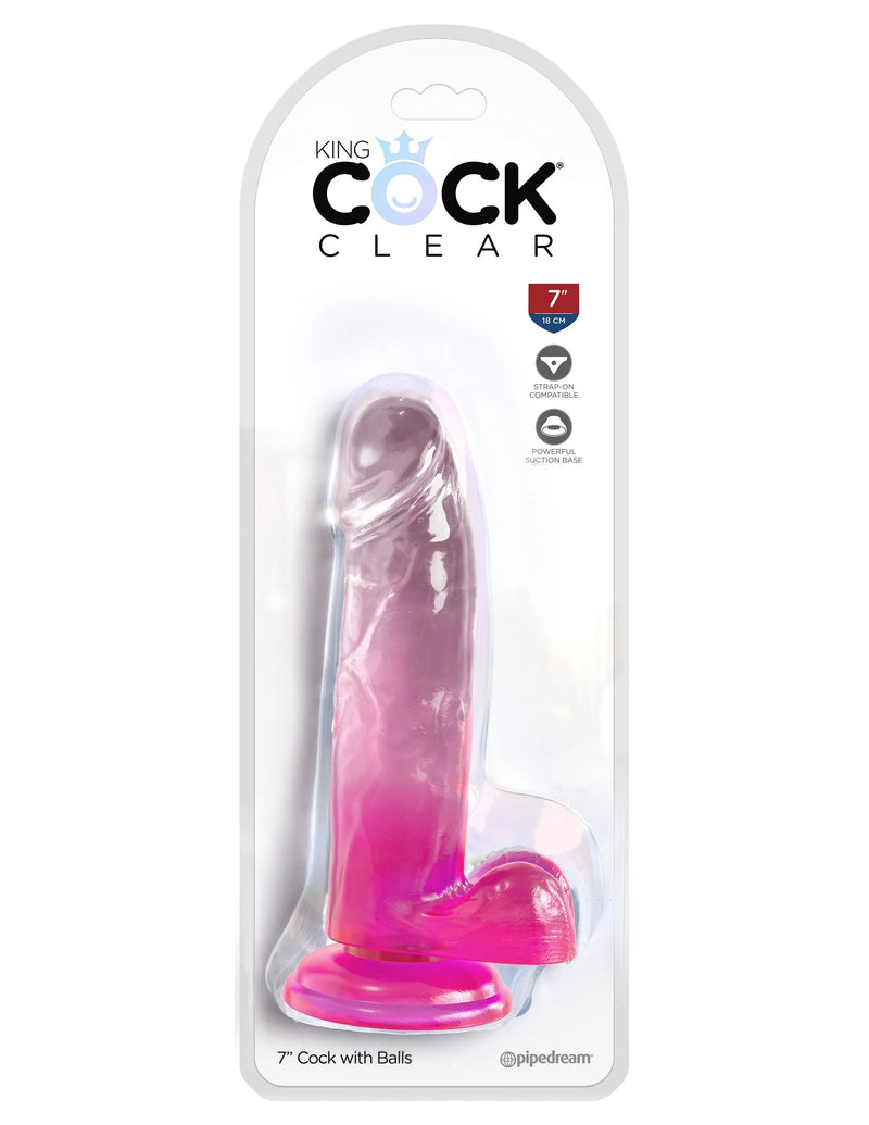 "King Cock Clear 7 Inch With Balls - Pink PD5754-11"