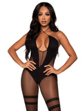 Opaque and Sheer Twist Halter Bodystocking - One Size - Black