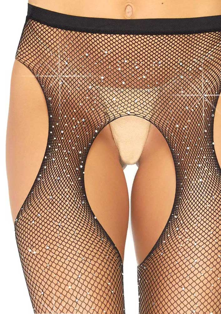 "Casey Rhinestone Fishnet Suspender Pantyhose - One Size - Black LA-9108BLKOS"