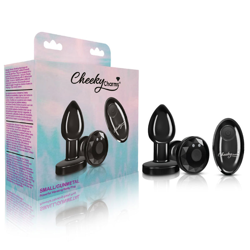 "Cheeky Charms - Rechargeable Vibrating Metal Butt Plug With Remote Control - Gunmetal - Small VB-CC9144"