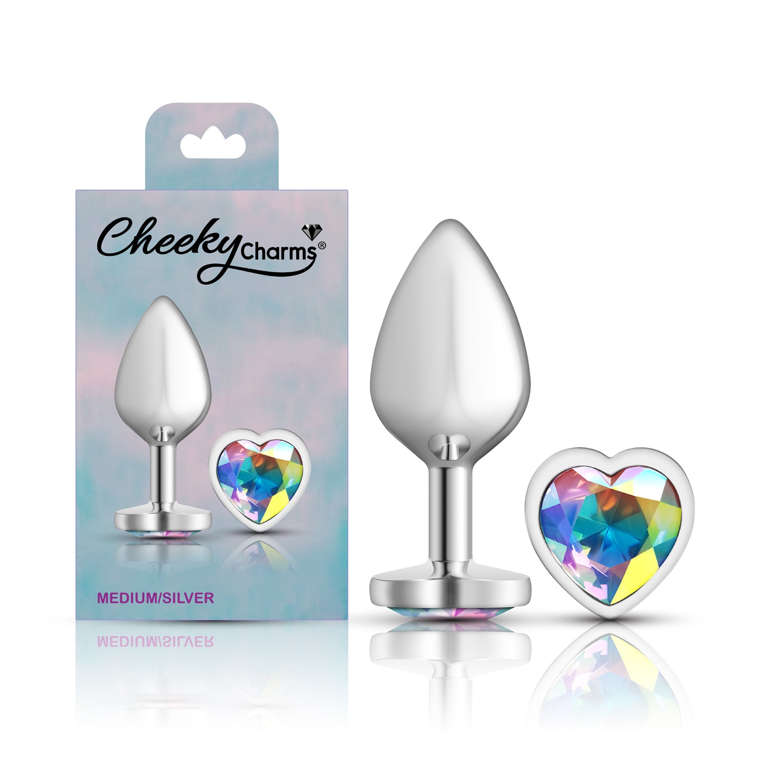 Cheeky Charms-Silver Metal Butt Plug- Heart-Clear-Medium