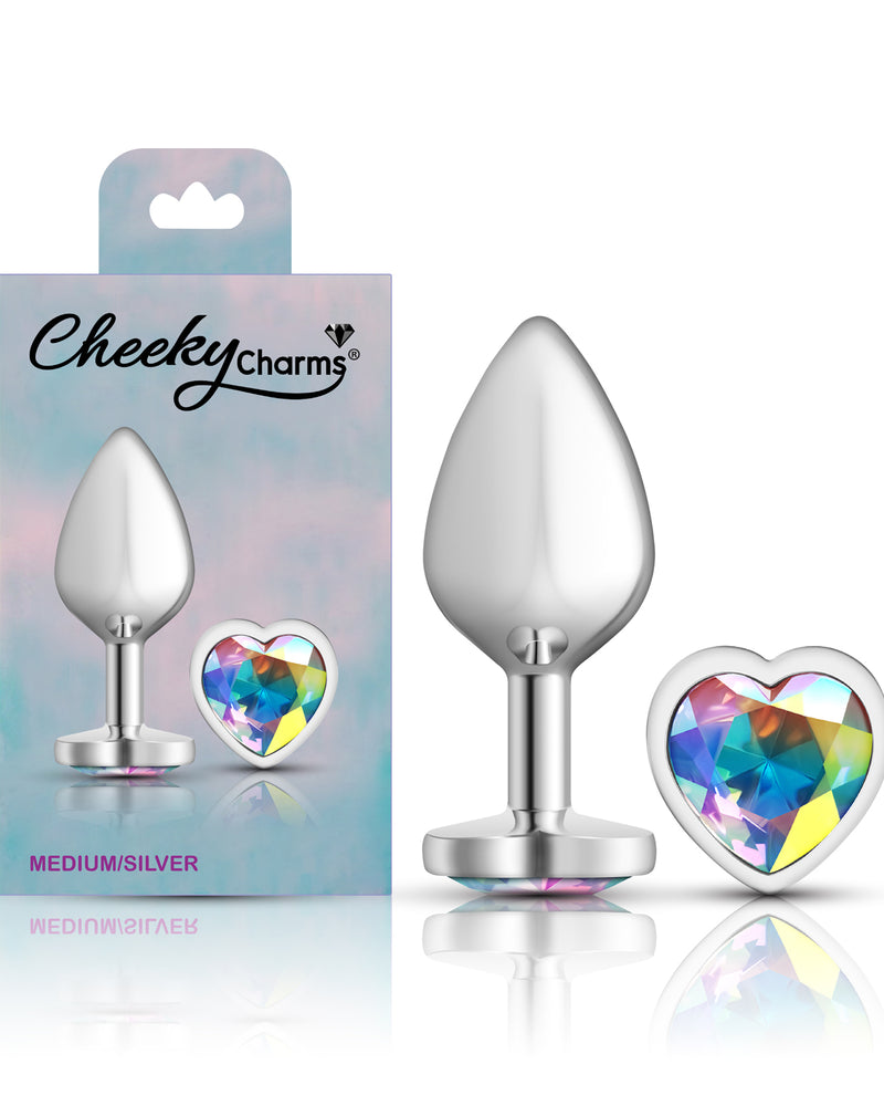 Cheeky Charms-Silver Metal Butt Plug- Heart-Clear-Medium