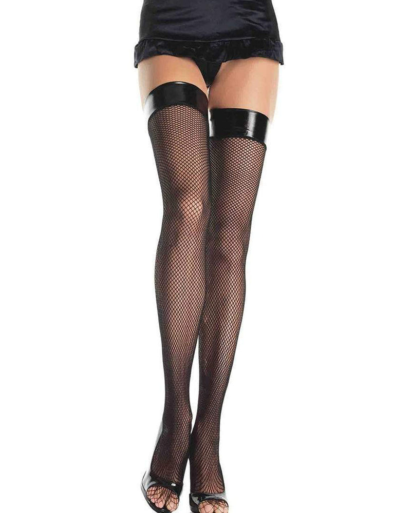 "Vinyl Top Fishnet Thigh Highs - One Size - Black LA-8291BLK"