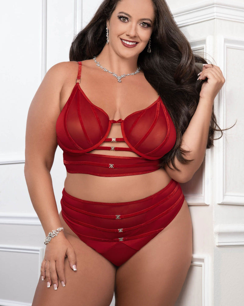 Cinnamon Red 2pc Satin Bra and High Waist Panty - Queen Size