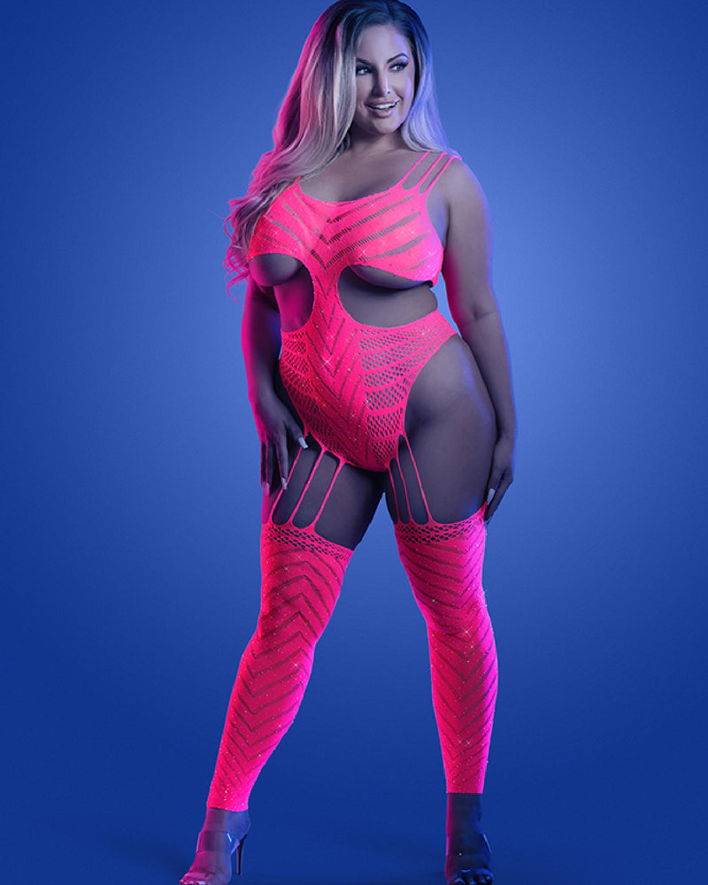Wavelength Cutout Rhinestone Teddy Bodystocking - Queen - Neon Pink